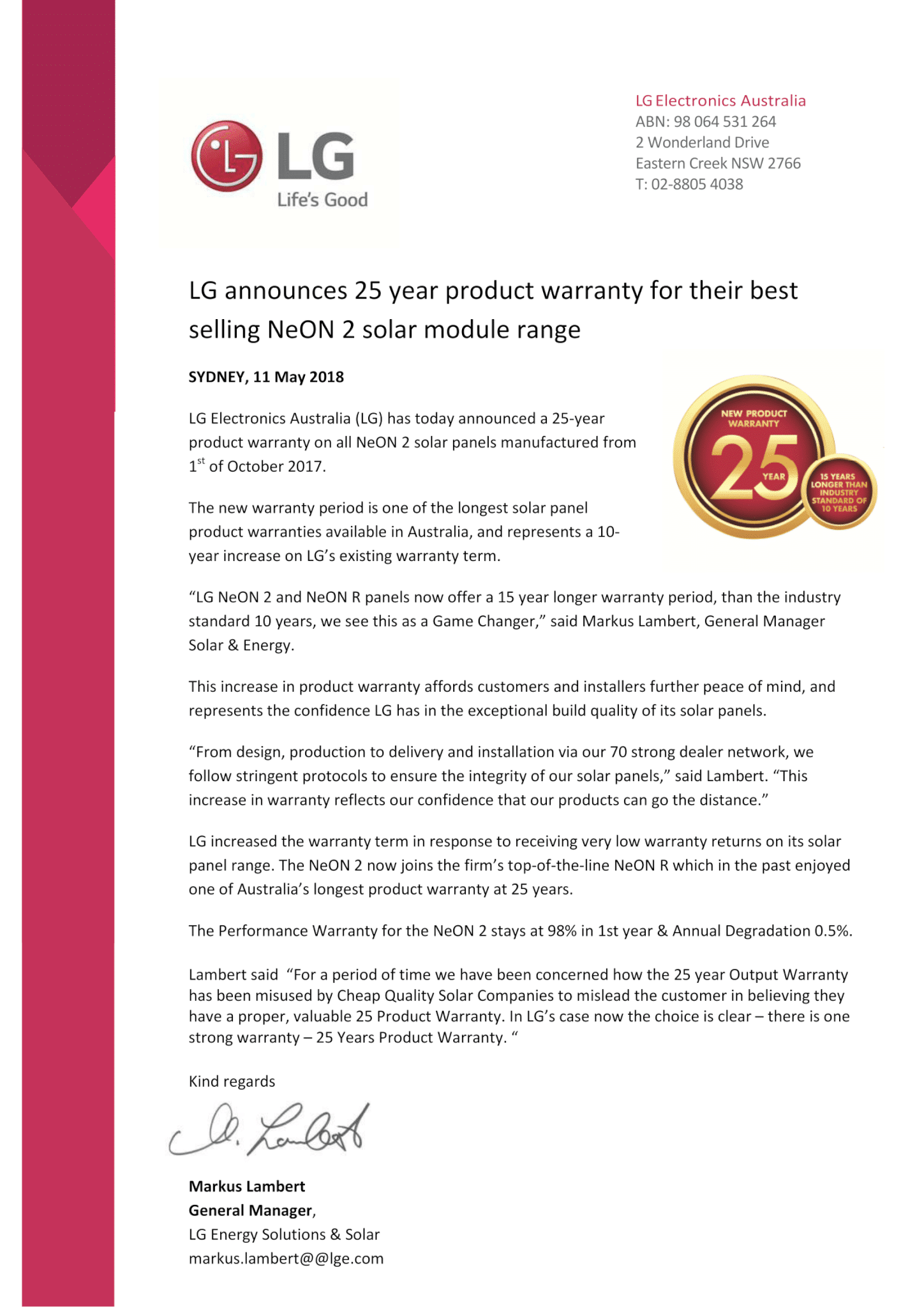 LG NeON 2 - 25 Year Warranty